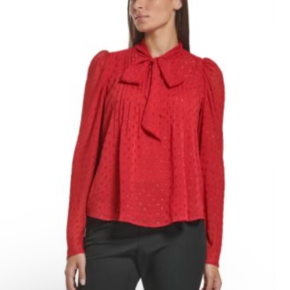 Tommy Hilfiger Red Clip Dot Pleated Tie Neck Blouse Large Holiday Work Top - Picture 1 of 12